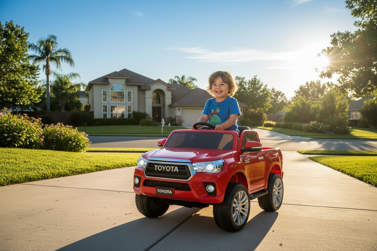 generate an image of a kid riding the toyota hilux ride on car outside on a sunny driveway